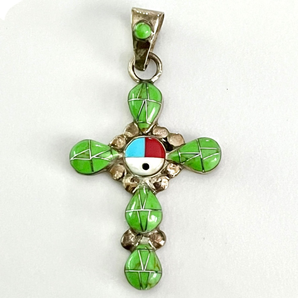 Vintage Zuni Turquoise Fausite Coral Jet Inlay Sterling Silver Pendant